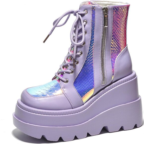 Holographic Ankle Boots Women Chunky Block Heels Pointed Toe PU Leather - Picture 1 of 6